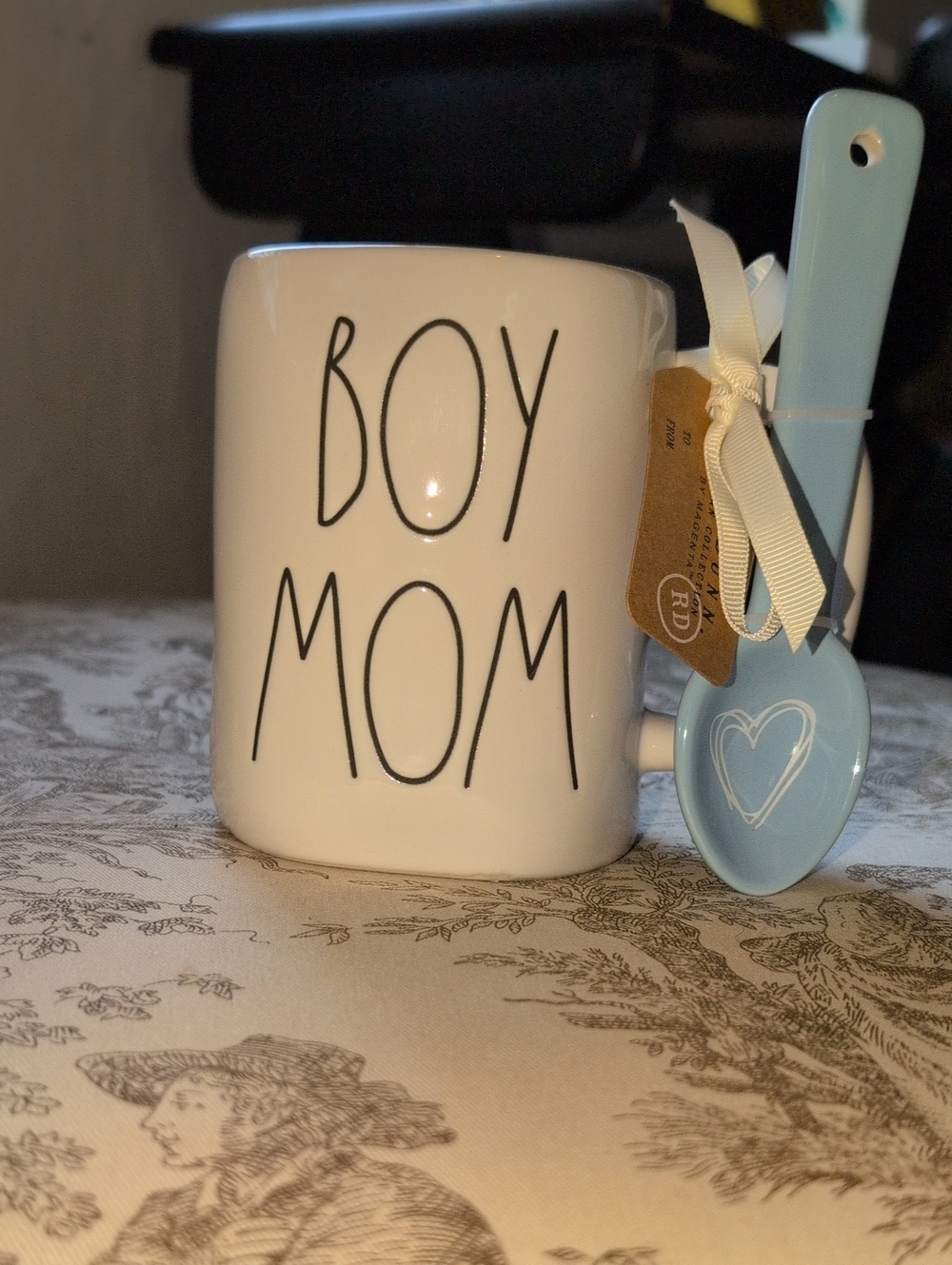 Rae Dunn White "BOY MOM" Mug with Light Blue Heart Spoon
